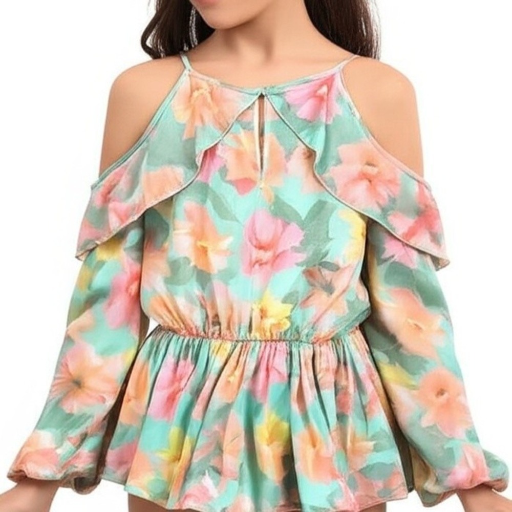 bebe girls Cold Shoulder Floral Blouse Kids Size 14 Mint Green Ruffle Peplum